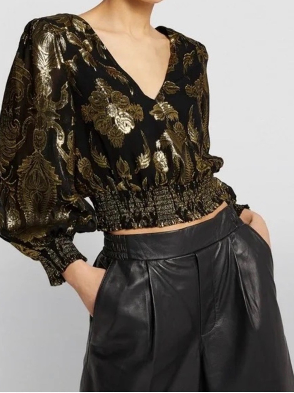 Alice + Olivia Black and Gold Metallic V-Neck Blouse